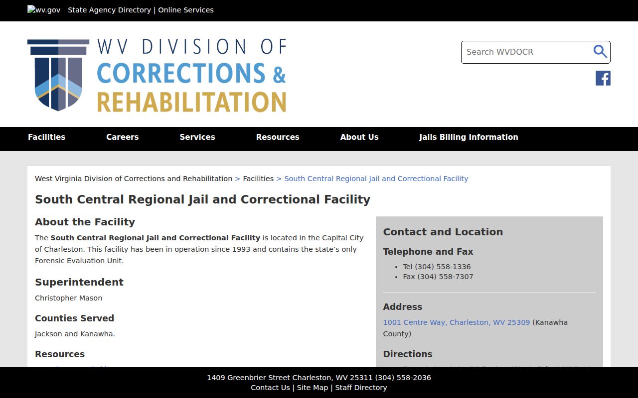 Kanawha County arrest lookup information for South Central Regional Jail