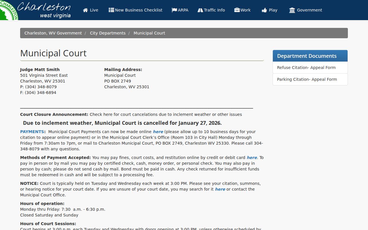 Charleston criminal records and Municipal Court docket access