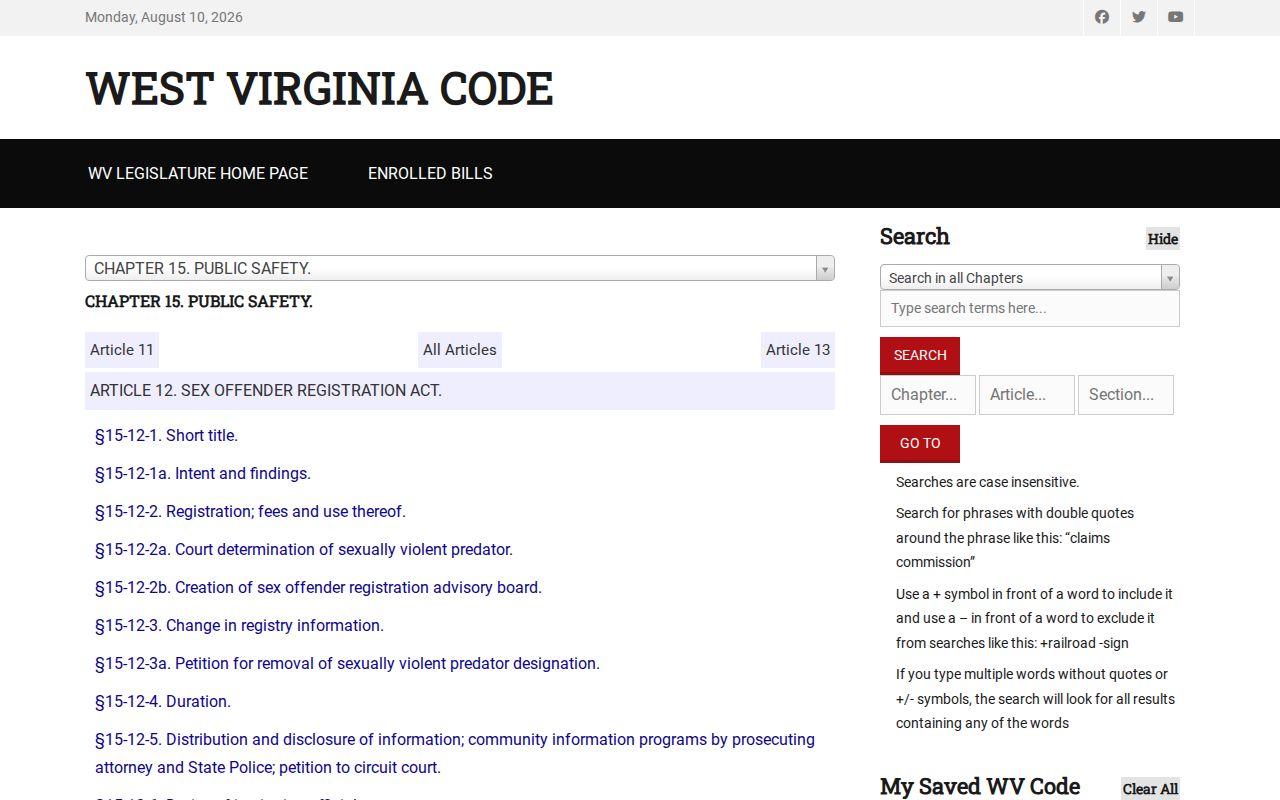 Kanawha County sex offender registry requirements under West Virginia law